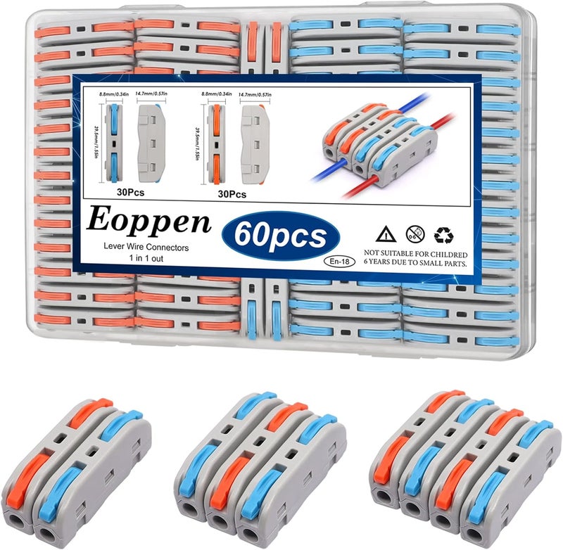 Eoppen 60Pcs Lever Wire Connectors 28-12 AWG Quick Connect Electrical Splicing Kit for Circuit Inline 1 in 1 out - Image 1